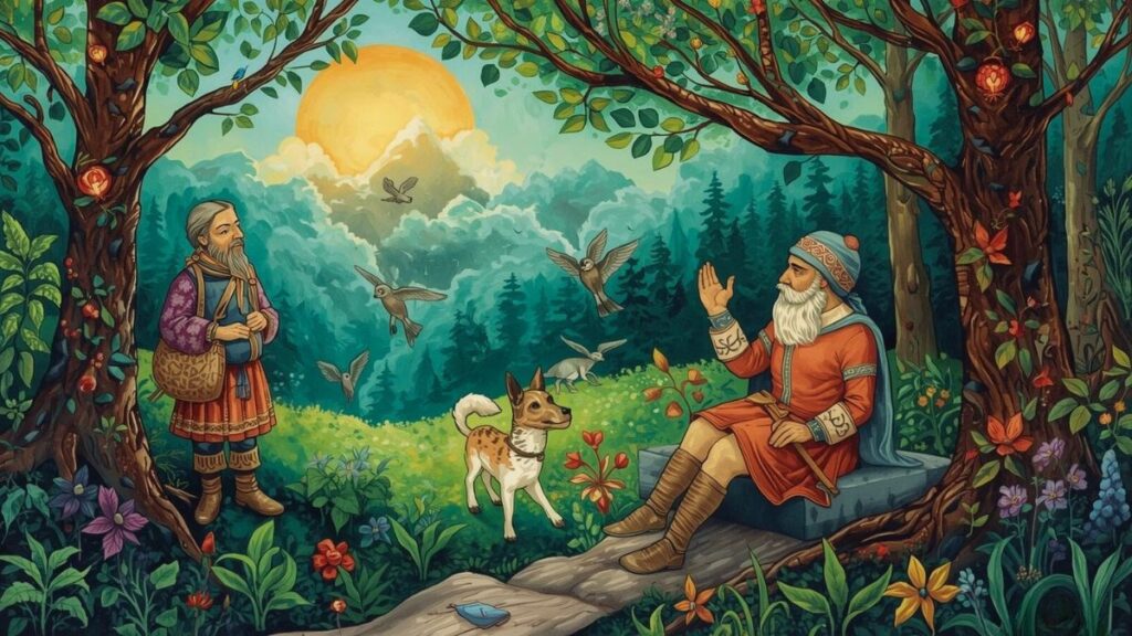 Folk tales depicted through symbols and illustrations, highlighting their lasting influence on modern culture and society.